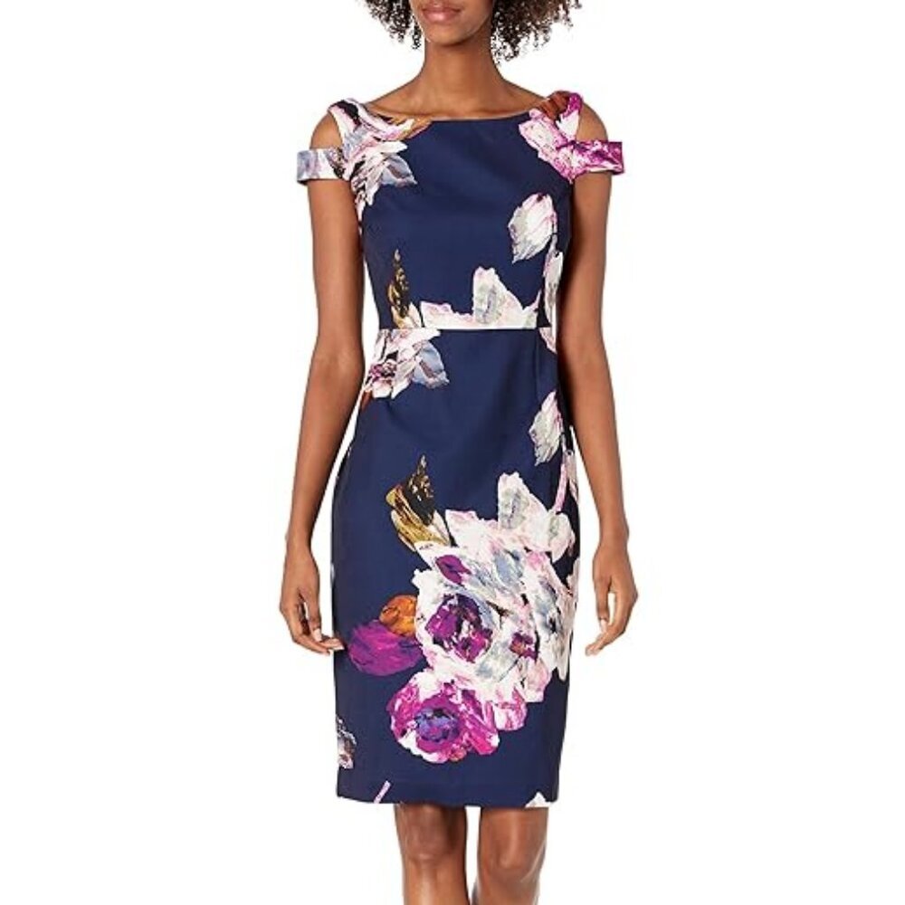 Trina Turk Adley Lush Roses Navy Scuba‎ Sheath Dress